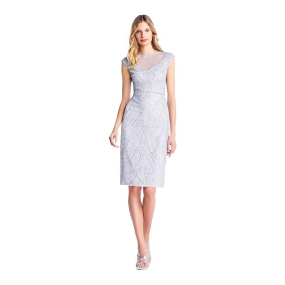 Adrianna Papell Beaded Sheer Midi Cap Sleeve Cocktail Dress in Heather Size 6